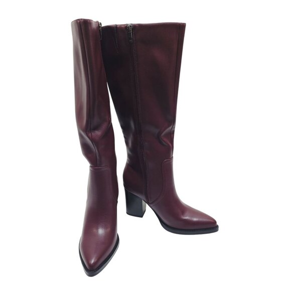 Womens Burgundy Knee-High Heeled Boots 6.5 Faux Leather Side Zipper Block Heel - Picture 4 of 9